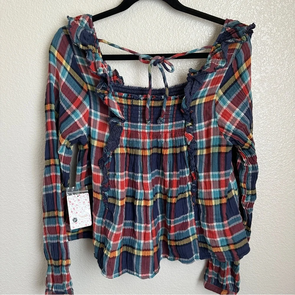 Free People Navy Sienna Plaid Long Sleeve Top‎ Sz Medium